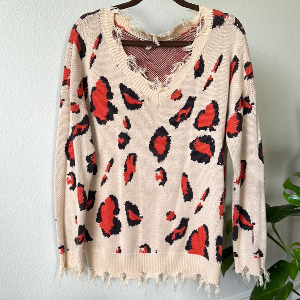 Promesa V-Neck Frayed Leopard Sweater Distressed Animal Print (M/L)